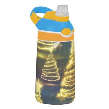 Imagem de Elegante garrafa de água infantil brilhante de árvores de Natal para escola, 473 ml Tritan 473 ml garrafa de água esportiva com canudo, copo de viagem infantil reutilizável à prova de vazamento, alça