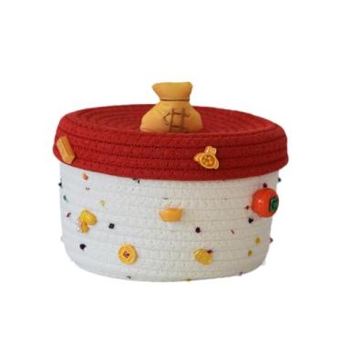 Imagem de Bothyi Cesto organizador redondo com tampa, feito de corda trançada, ideal para organizar e guardar objetos, perfeito para quartos de bebês e salas de estar, Tampa Vermelha, Base Branca