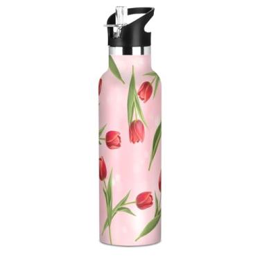 Imagem de Joisal Garrafa de água para adolescentes com estampa de flores vermelhas e rosa com tampa de palha, garrafas de água isoladas de aço inoxidável à prova de vazamento, copos infantis livres de BPA para