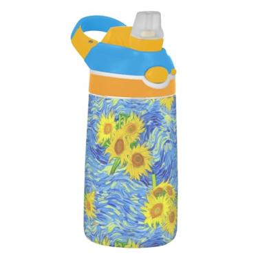 Imagem de Garrafa de água infantil de 473 ml, à prova de vazamento, 473 ml, garrafa de água esportiva Tritan com canudo reutilizável, copo de viagem para crianças, alça de transporte, girassóis, noite estrelada