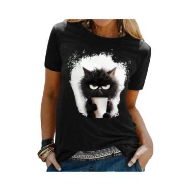 Imagem de Camiseta Feminina Com Estampa De Gato Preto, Manga Curta, Gola Redonda