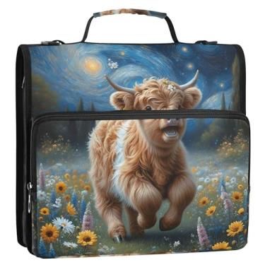 Imagem de Organizador de fichário de flores de bezerro de vaca Highland com zíper de 3,8 cm, 3 anéis, bolsa de fichário com alça para armazenamento escolar, pasta de portfólio com alça