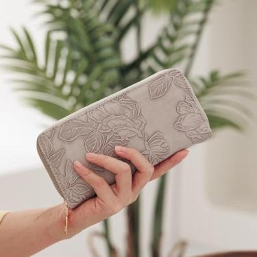 Imagem de Carteira feminina de couro com zíper de grande capacidade com alça de pulso e vários compartimentos para cartões variantes, Cinza, Pequeno