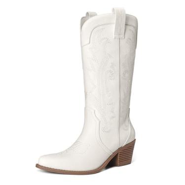 Imagem de Athlefit Botas de cowboy femininas vintage bordadas country western cowgirl salto baixo grosso bico fino cano médio botas, Todo branco, 41