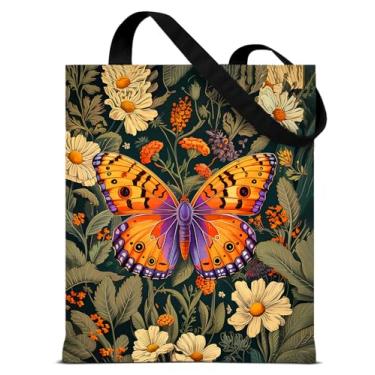Imagem de QYCFDXD Sacola vintage de lona botânica escura borboleta para mulheres, bolsa de ombro reutilizável de borboleta vibrante, estética e reutilizável, para compras, compras, viagens, trabalho, praia