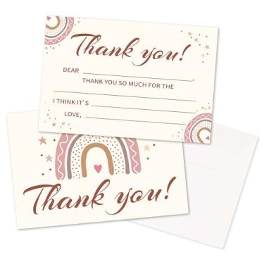 Imagem de Chuxvon Kids Thank You Cards Fill in the Blank, Boho Rainbow Thank You Notes For Boys Girls, Cartão de felicitações arco-íris, lembrancinhas de decoração de festa de aniversário (20 cartões com 20