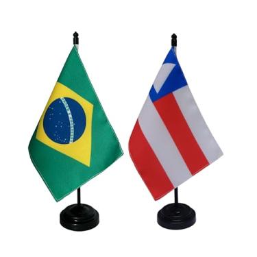 Imagem de Kit Bandeira de Mesa Brasil e Bahia, Decorativa, Dupla Face, Multicolorido, 19x13cm, Base Preta, Escritório e Eventos, Tecido Oxford, 26cm Altura