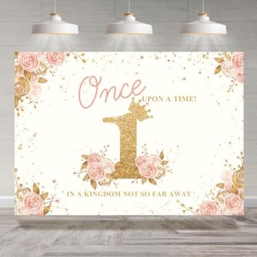 Imagem de Rsuuinu Pano de fundo de 1º aniversário para meninas, princesa, dourado, com glitter, coroa floral, Once Upon A Time, decoração de festa de primeiro aniversário, faixa para fotos, adereços de estúdio