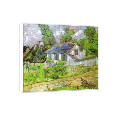 Imagem de BMZFYBS Vincent van Gogh Famosa pintura em tela de arte de parede pronta para pendurar. Casas em Auvers. Imagem em moldura branca para decoração de sala de estar 20 x 25 cm 8 x 10 pol