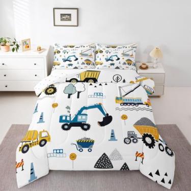 Imagem de jejeloiu Conjunto de edredom de carro de desenho animado para todas as estações, escavadeira, 1 fronha, equipamento, caminhões, microfibra, roupas de cama solteiro, veículos de construção, decoração