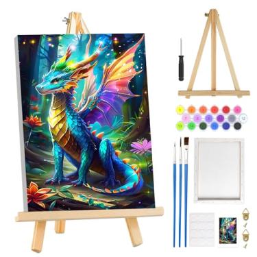 Imagem de MOGTAA Kit de pintura de dragão por números para adultos iniciantes com moldura, kits de pintura por números de flores para adultos em tela com cavalete, kits de pintura a óleo de animais fáceis de