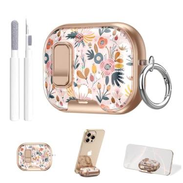Imagem de Aircawin Capa transparente com trava segura para Airpods Pro 3, floral fofo feminino para Airpods Pro 3ª geração com suporte para telefone, pop-up automático, proteção híbrida com mosquetão e caneta