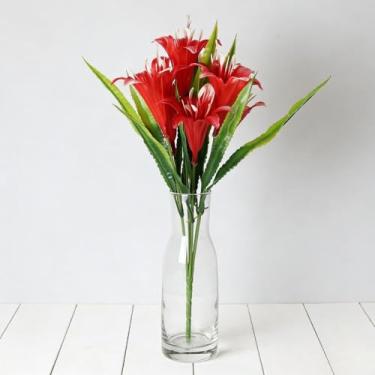 Imagem de 1 buquê de decoração de lírio artificial, 7 cabeças, flores de lírio falsas, decoração de jardim, vermelho, 33 cm