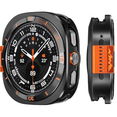 Imagem de Suphart Capa de metal compatível com Samsung Galaxy Watch Ultra 2025/2024, amortecedor resistente 2 em 1 com moldura traseira para Galaxy Watch de 47 mm (preto/laranja)