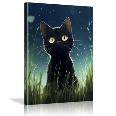 Imagem de Arte de gato preto impressões de parede de animais fofos pôsteres decoração estética decoração de parede para casa escritório galeria sala de estar quarto - (75 x 100 cm) moldura interna 76.2x99.1 cm