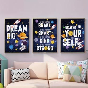 Imagem de Conjunto de arte de parede espacial tela de astronauta inspiradora com citações motivacionais para decoração de quarto de jogos e sala de jogos (Observação: sem moldura), 20 cm x 30 cm