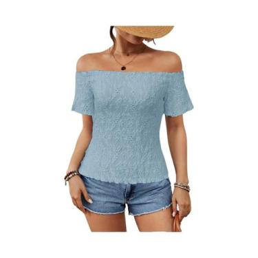 Imagem de Blusas plus Size Com Ombros Descidos Em Renda, Manga Puff Em Tule Flor