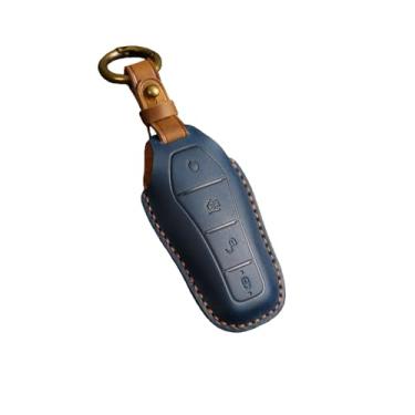 Imagem de Capa de couro genuíno para chave de carro, compatível com byd atto 3 han ev golfinho, 4 botões, controle remoto, capa protetora, acessórios automotivos(Blue)