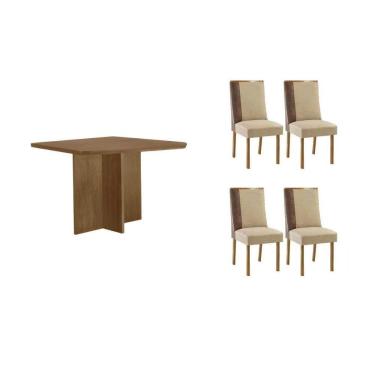 Imagem de Sala Jantar Mesa Berlim Tampo Curvo 90cm+4 Cadeiras Tilia Madeira Naturale - Capuccino/Linho Bege - Rufato