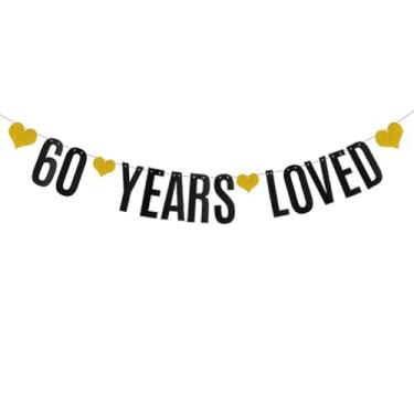 Imagem de Faixa 60 YEARS LOVED, faixa de papel com glitter preto para suprimentos de decorações de festa de aniversário de 60 anos/casamento, pré-amarrado, sem necessidade de montagem, letras pretas