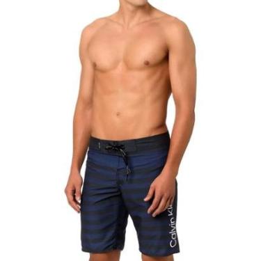 Imagem de Bermuda Calvin Klein Swimwear D'Água Masculina Faixas Azul Cinza Escuro-Masculino