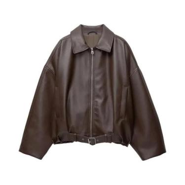 Imagem de Jaqueta Bomber Vintage Feminina Em Couro PU Com Zíper, Lapela, Manga L