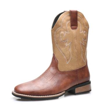 Imagem de Botas de cowboy ocidentais masculinas vintage couro PU bico quadrado cano médio sem cadarço trabalho e botas casuais estilo velho oeste, Amarelo, 11.5