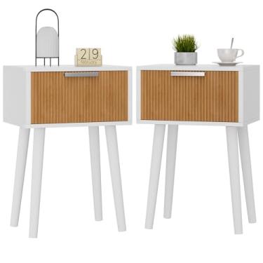 Imagem de YMYNY Conjunto de 2 mesas-de-cabeceira estreitas caneladas, mesa de canto pequena, mesa de centro moderna com gaveta, pernas de madeira maciça, corrente de retenção, para quarto e espaços pequenos