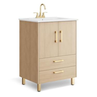 Imagem de phiestina Vaidade de banheiro totalmente pré-montada de 61 cm, armário de pia de banheiro pequeno de carvalho com 2 portas macias, 2 gavetas e pia de cerâmica de 3 furos, torneira não incluída, BV02