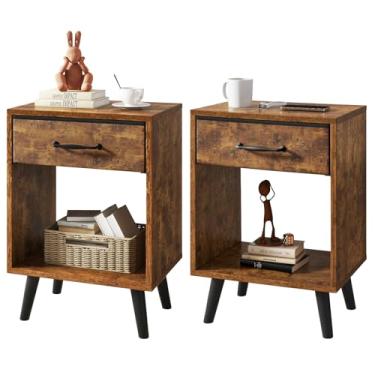 Imagem de YMYNY Conjunto de 2 mesas-de-cabeceira, mesa lateral com gaveta de tecido, alça e compartimento aberto, pernas de madeira maciça, mesa de centro de madeira para quarto, sala de estar, marrom rústico