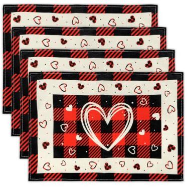Imagem de Kzikbxh Jogo americano de Dia dos Namorados, conjunto de 4, tapetes de mesa de jantar dos namorados 30,5 x 45,7 cm vermelho coração xadrez tapetes de mesa coração para jantar romântico, aniversário e