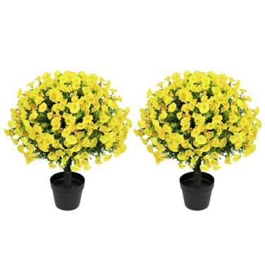 Imagem de Aoutyers Conjunto de 2 plantas artificiais de eucalipto artificial de 61 cm – Vegetação sintética resistente a UV com flores falsas de seda amarela em vasos de cimento para decoração de varanda e
