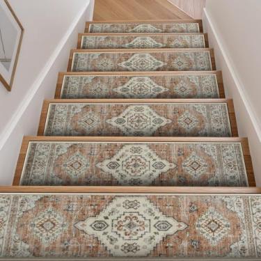 Imagem de Passos de escada bege antiderrapante tapetes de escada para degraus de madeira interiores 76.2 cm x 20.3 cm macio lavável borda escada corredor escada tapetes escada escada degraus para crianças