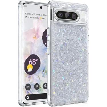 Imagem de Capa magnética com glitter para Google Pixel 8 Pro feminina, [compatível com MagSafe] Capa de telefone luxuosa e moderna fofa brilhante brilhante para Pixel 8 Pro (6,7 polegadas), prata