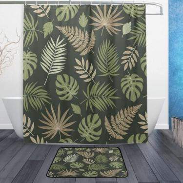 Imagem de Kigai Conjuntos de tapetes de cortina de banho de folha verde 2 peças, conjunto de tema de banheiro (152 x 182 cm) com cortina de chuveiro e tapete antiderrapante - 12 ganchos