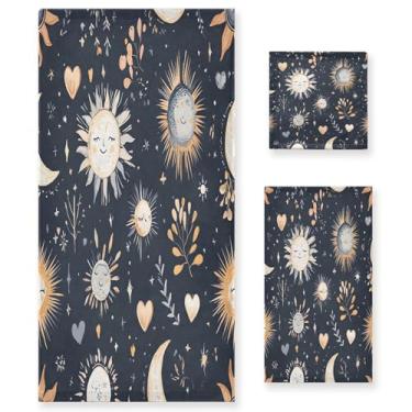 Imagem de xigua Conjunto de toalhas de banheiro boho lua e sol absorvente macio 3 peças toalha de banho toalha de mão toalhas decorativas para banheiro, academia, hotel, praia, piscina