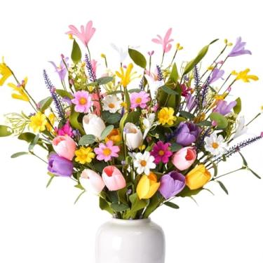 Imagem de Worthyeah Pacote com 12 decorações de primavera para casa, 4 cores de flores artificiais para decoração, 43 cm flores artificiais para decoração com tulipas, margaridas e forsítia para decoração de