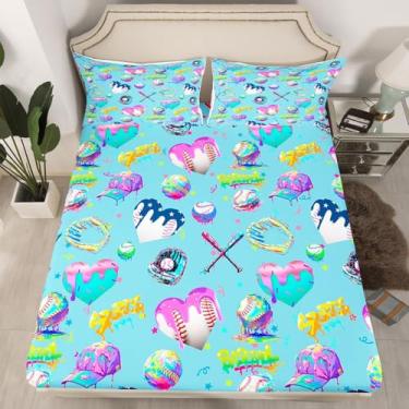 Imagem de Jogo de lençol infantil de beisebol sorvete com 2 fronhas, 3 peças, beisebol, esportes, microfibra, sobremesa, azul claro, rosa claro, lavável à máquina, bolso profundo de 40,6 cm