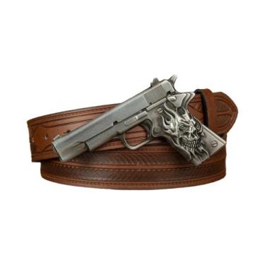 Imagem de Cinto Casual Masculino Com Fivela Grande Listrada Em PU Com Elemento D