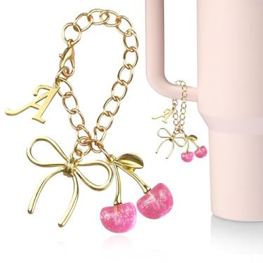Imagem de JINGSEN Berloques de letras douradas com laço e cereja para acessórios Stanley Cup, para copos Stanley Handle 1,134 g, copo de garrafa de água, chaveiro inicial para mulheres (cerejas rosa A)
