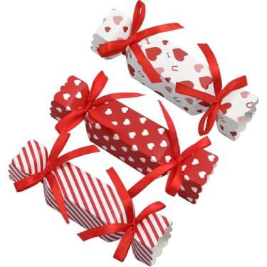 Imagem de 20 caixas de doces de dia dos namorados com fita, 3 estilos de caixa de presente em formato de doce de coração vermelho em forma de doces, papelão, petiscos, porta-biscoitos, decoração para crianças
