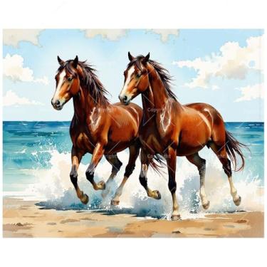 Imagem de Kit de pintura animal por números para adultos - DIY cavalos marrons à beira-mar pintura em tela, conjunto de tinta acrílica, adequado para iniciantes, arte para decoração de casa ou presentes