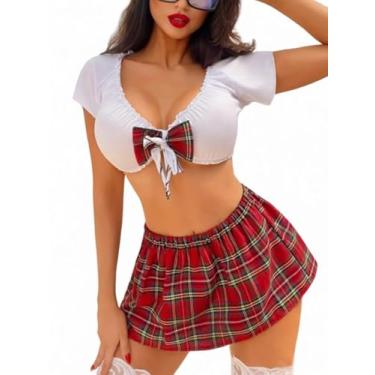 Imagem de Myilewjt Lingerie sexy para meninas escolares para mulheres, conjunto de lingerie com minissaia xadrez branca média
