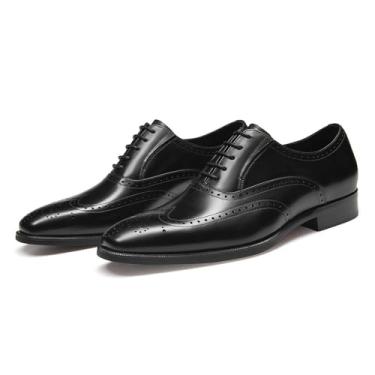 Imagem de FRASOICUS Sapato social masculino com couro genuíno em clássico Brogue elástico Oxford formal, Preto, 38