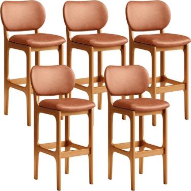 Imagem de Kit 05 Banquetas Alta Para Cozinha Madeira Fixa Betta L02 Imbuia Couríssimo Camel - Lyam Decor