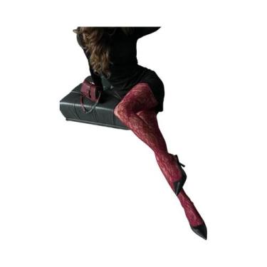 Imagem de Meia-calça De Rede Elástica Bordeaux Y2K Com Estampa Floral Gótica Vaz