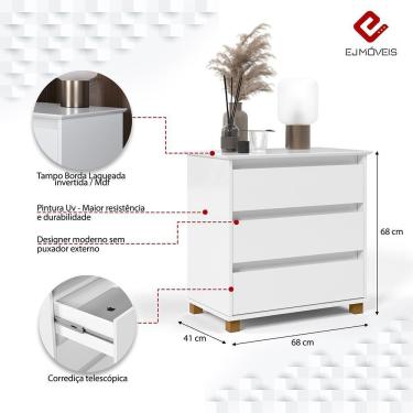 Imagem de Cômoda Mini Ej Versátil - 3 Gavetas Pés De Madeira Corrediças Telescópicas Mdf-mdp Branco - Ej Móveis