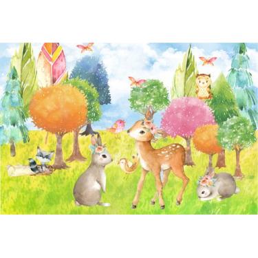 Imagem de Painel de Tecido Sublimado Animais Do Bosque Aquarela Arvores Diversas