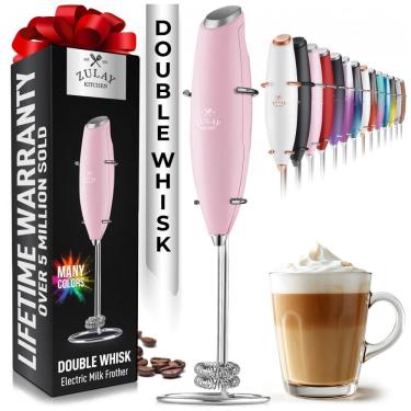 Imagem de Espumador Elétrico de Leite a Bateria com Suporte, ZULAY KITCHEN Twin Whisk 12,500 RPM, Rosa
