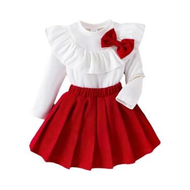 Imagem de Conjunto De Top De Renda Com Laço De Manga Longa E Saia Plissada Rosa 